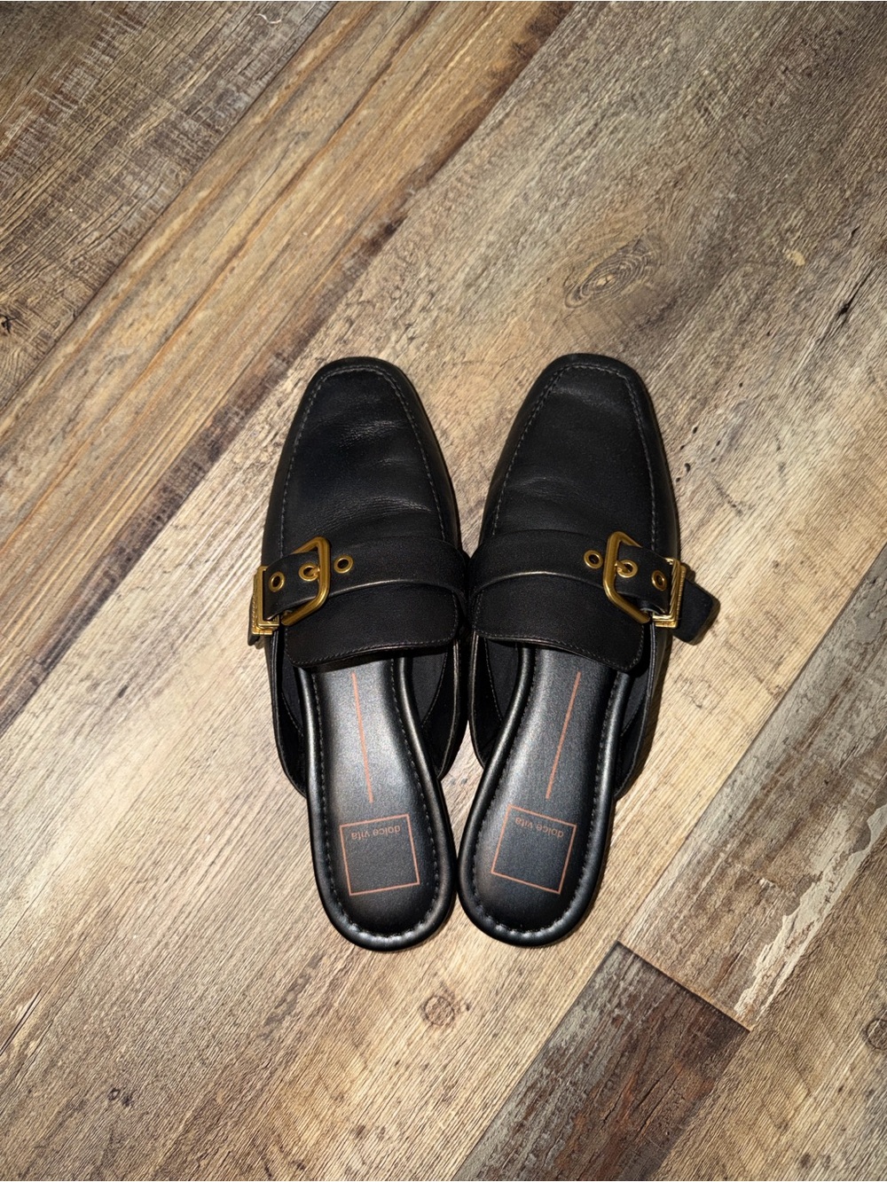 Dolce Vita Black Slip-On Loafers with Gold Buckle